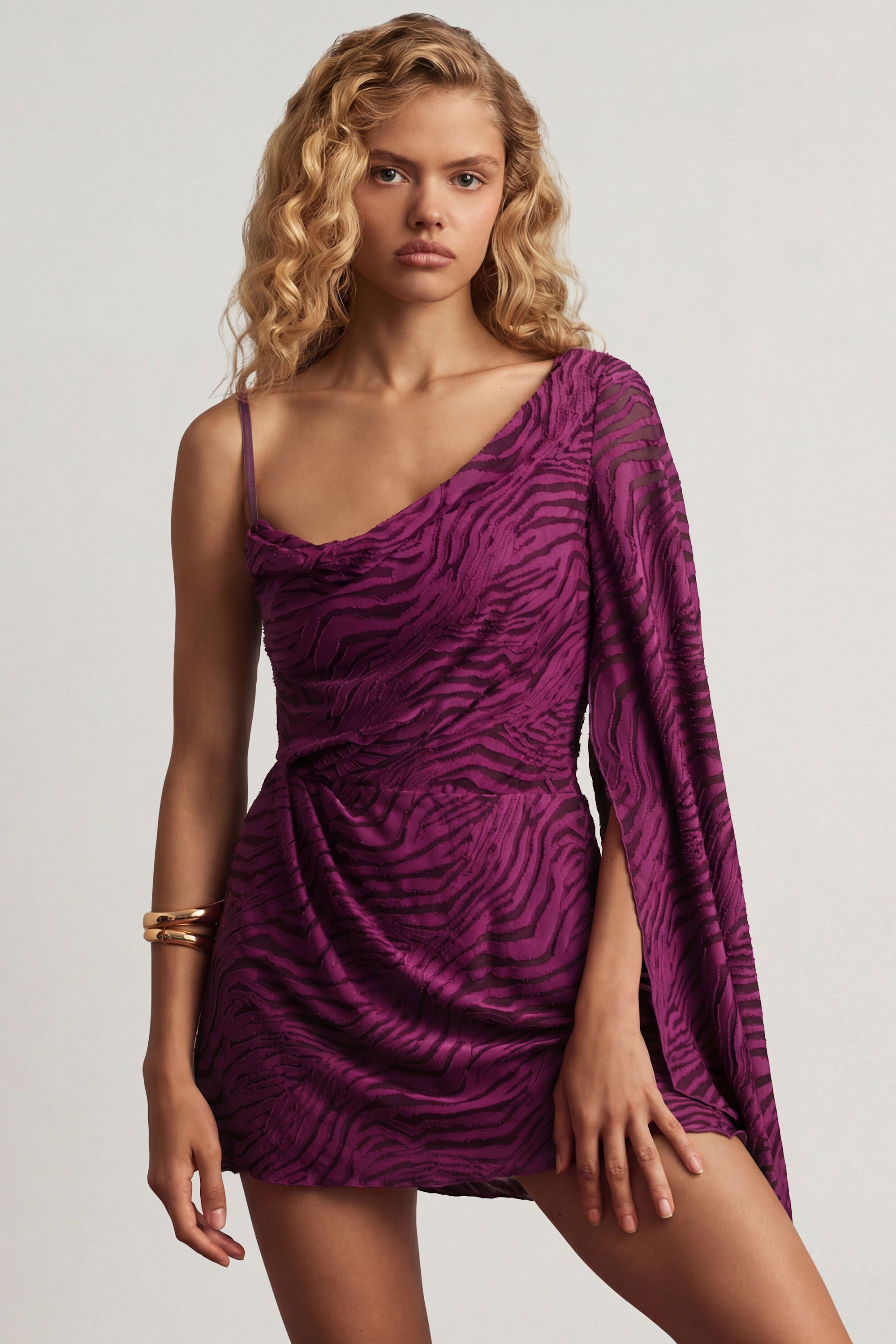 Devoré One-Sleeve A-Line Mini Dress in Berry Purple