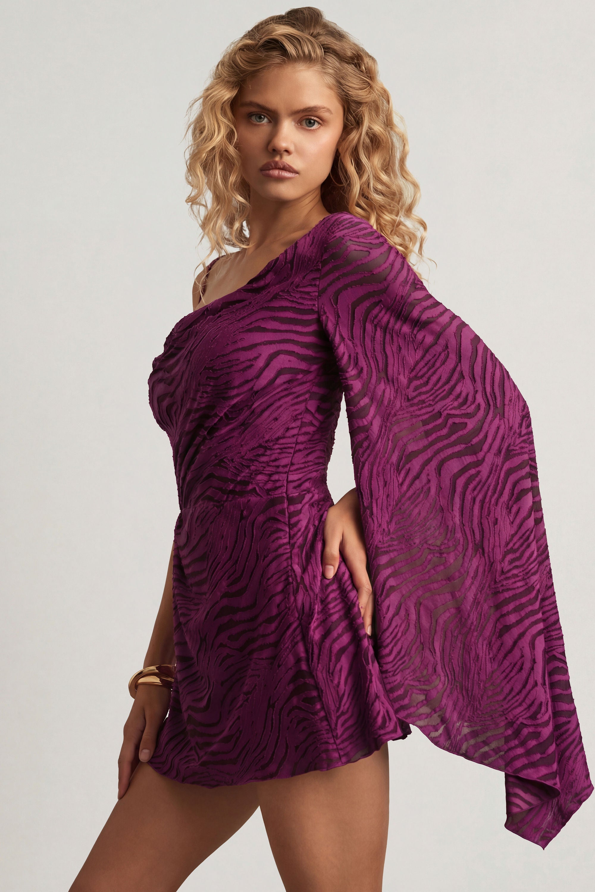 Devoré One-Sleeve A-Line Mini Dress in Berry Purple