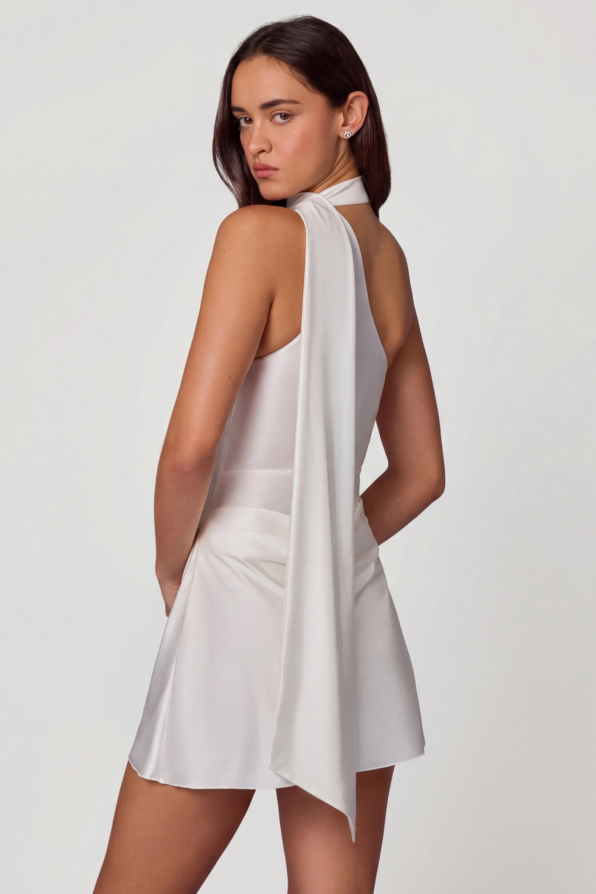 Asymmetric Scarf-Detail Mini Dress in White