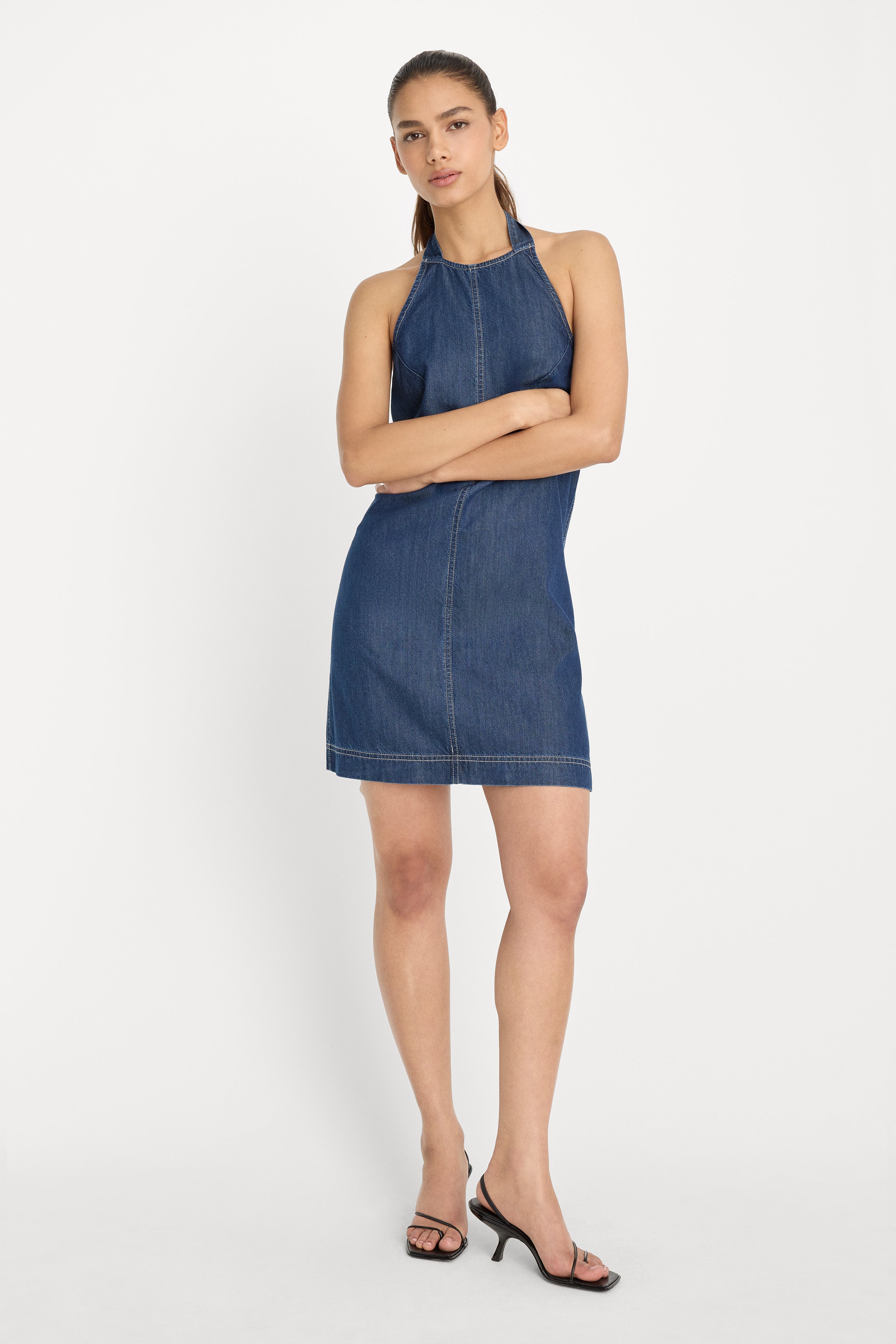 DENIM HALTER SHIFT DRESS | INDIGO1187