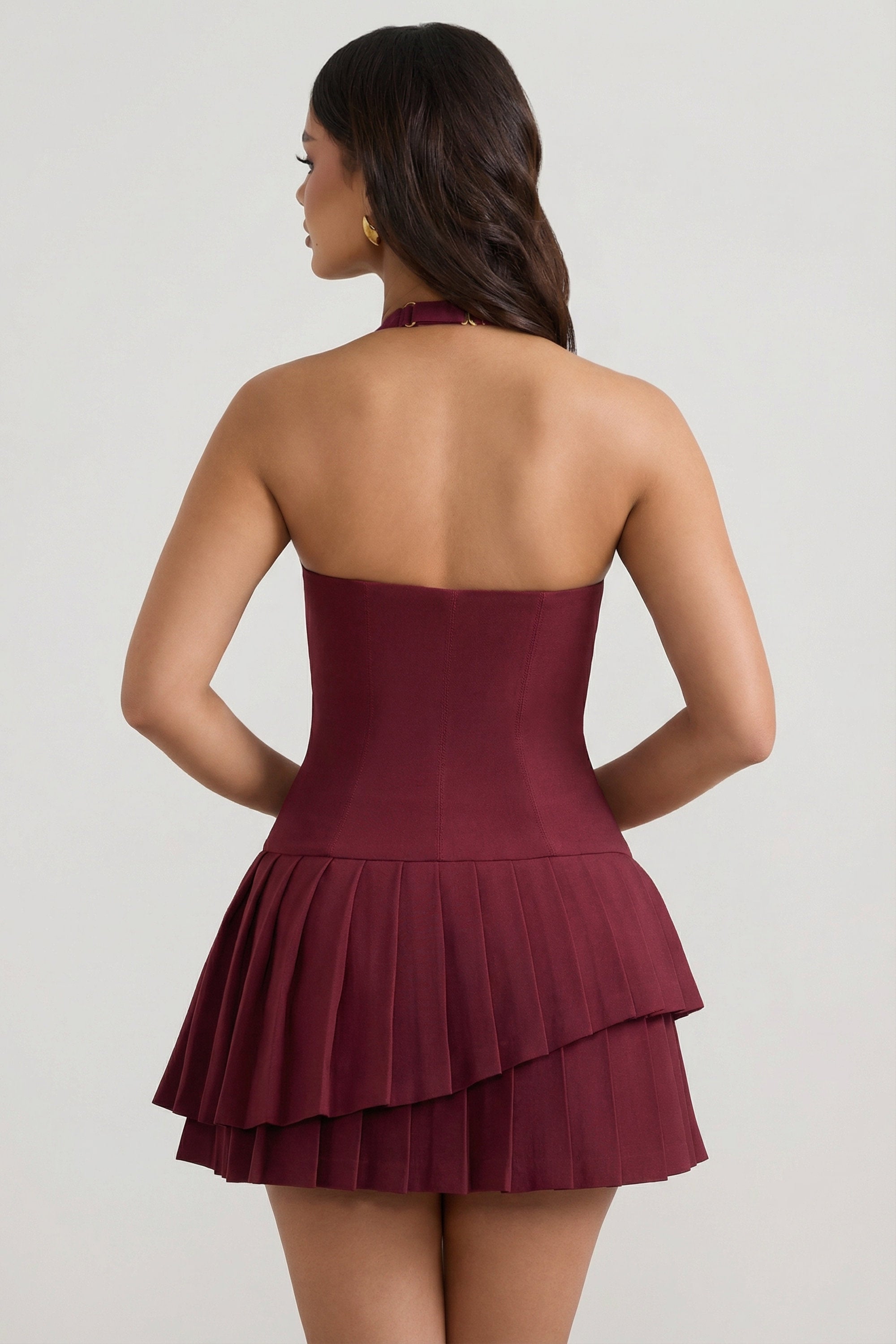 Asymmetric Layered Halterneck Mini Dress in Wine Red