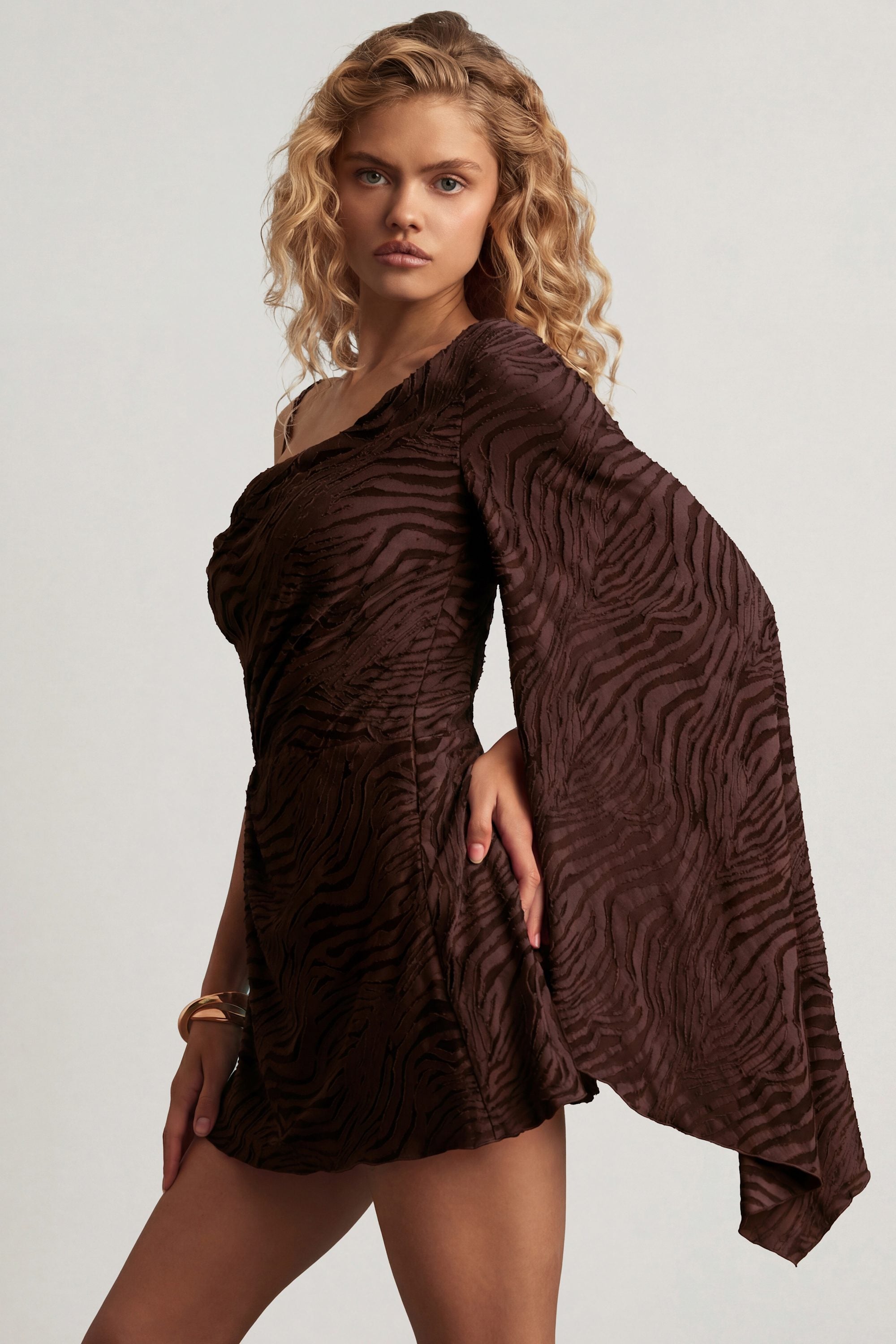 Devoré One-Sleeve A-Line Mini Dress in Dark Chocolate