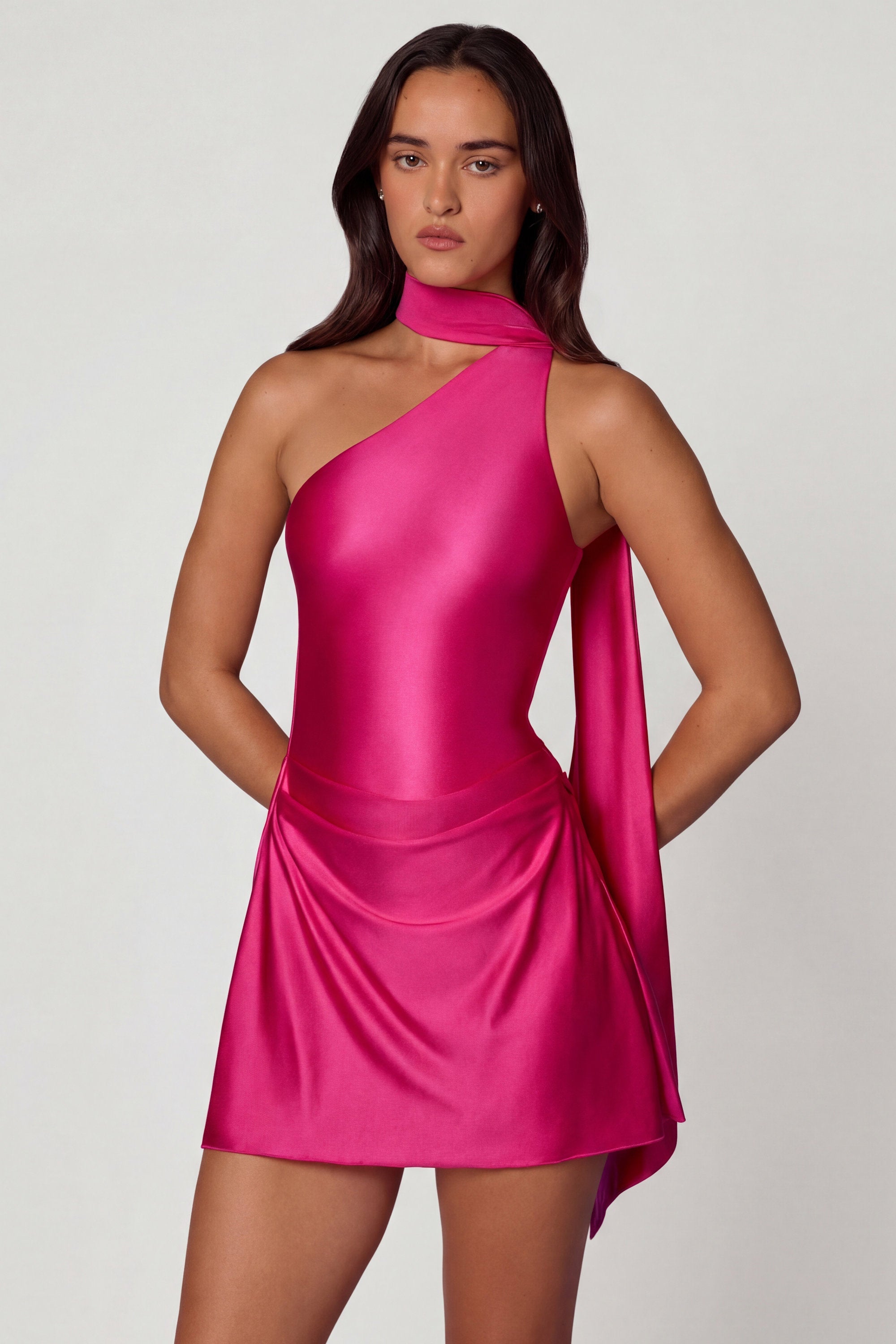 Asymmetric Scarf-Detail Mini Dress in Hot Pink
