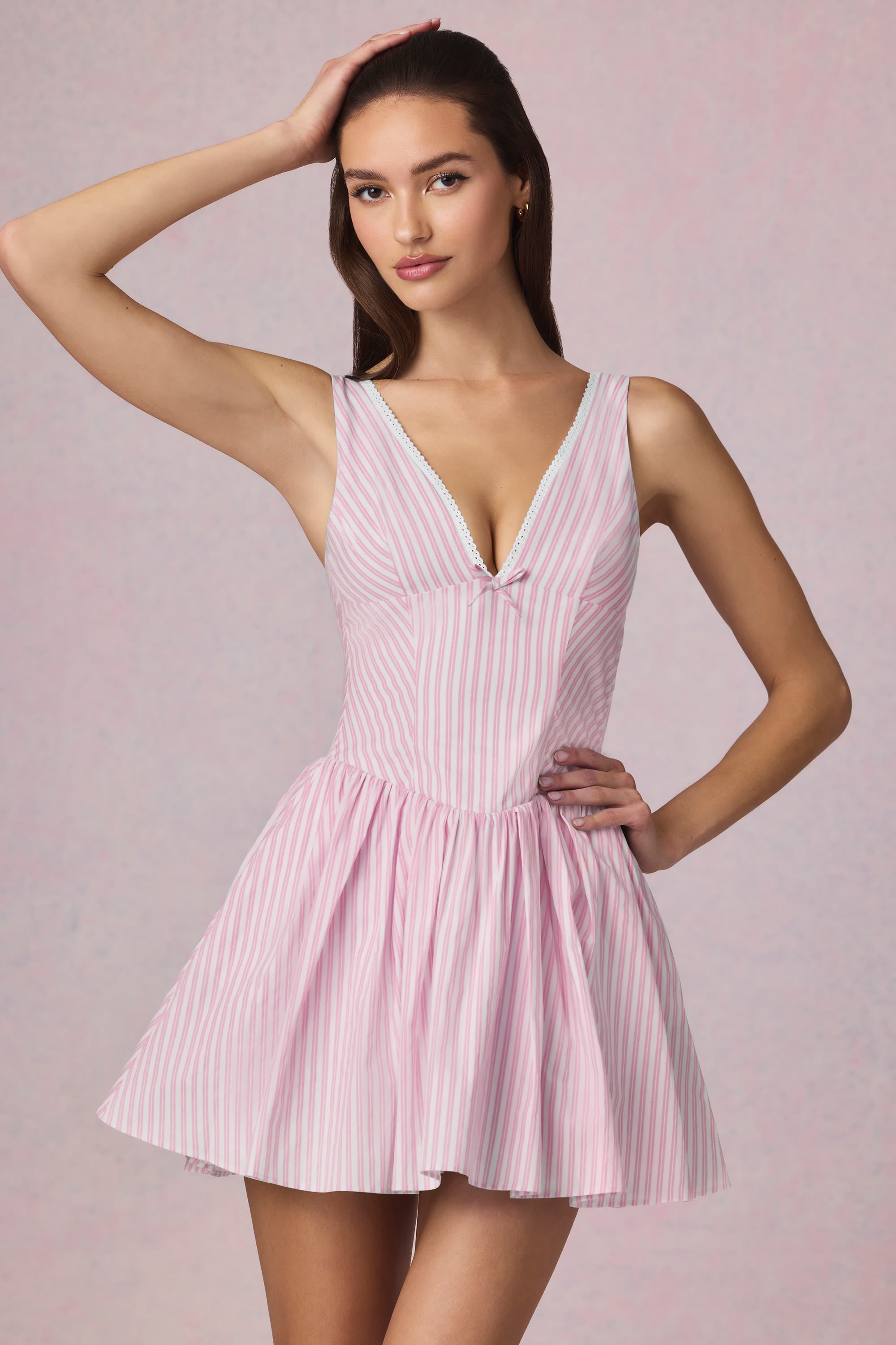 Bow-Detail A-Line Mini Dress in Soft Mauve Stripe
